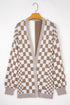 Checkered Knit Bubble Sleeve Drop Shoulder Open Cardigan