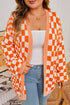 Checkered Knit Bubble Sleeve Drop Shoulder Open Cardigan