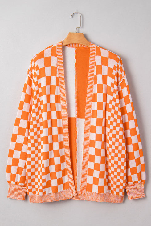 Checkered Knit Bubble Sleeve Drop Shoulder Open Cardigan