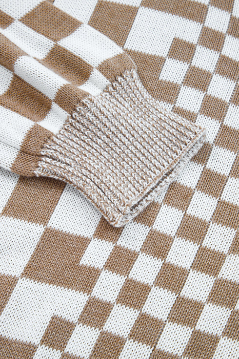 Checkered Knit Bubble Sleeve Drop Shoulder Open Cardigan