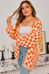 Checkered Knit Bubble Sleeve Drop Shoulder Open Cardigan