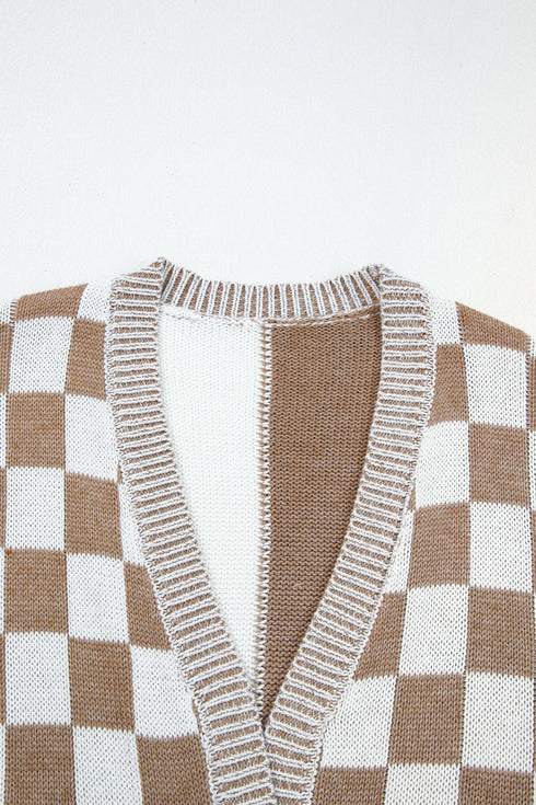 Checkered Knit Bubble Sleeve Drop Shoulder Open Cardigan
