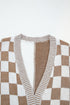Checkered Knit Bubble Sleeve Drop Shoulder Open Cardigan