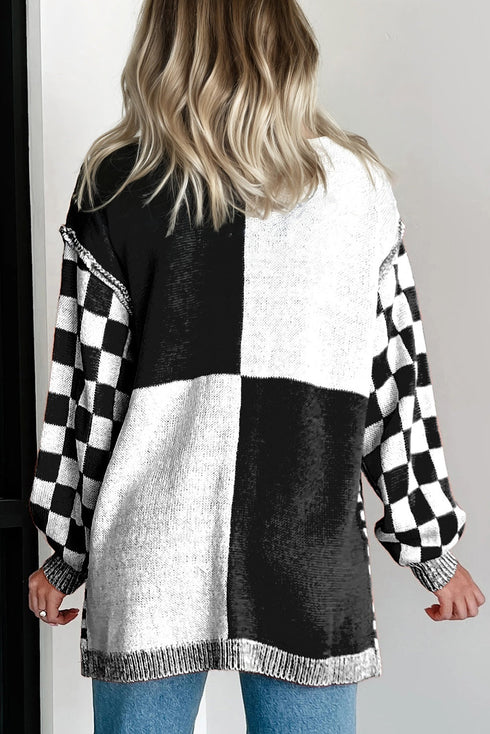 Checkered Knit Bubble Sleeve Drop Shoulder Open Cardigan