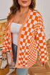 Checkered Knit Bubble Sleeve Drop Shoulder Open Cardigan