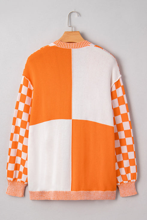 Checkered Knit Bubble Sleeve Drop Shoulder Open Cardigan