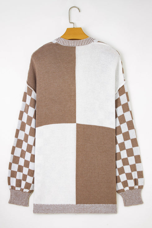 Checkered Knit Bubble Sleeve Drop Shoulder Open Cardigan