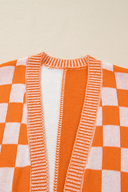 Checkered Knit Bubble Sleeve Drop Shoulder Open Cardigan