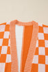 Checkered Knit Bubble Sleeve Drop Shoulder Open Cardigan