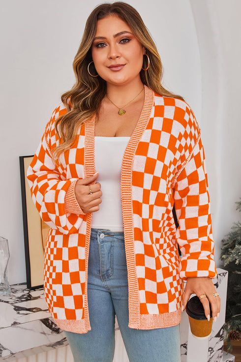 Checkered Knit Bubble Sleeve Drop Shoulder Open Cardigan