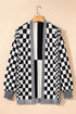 Checkered Knit Bubble Sleeve Drop Shoulder Open Cardigan