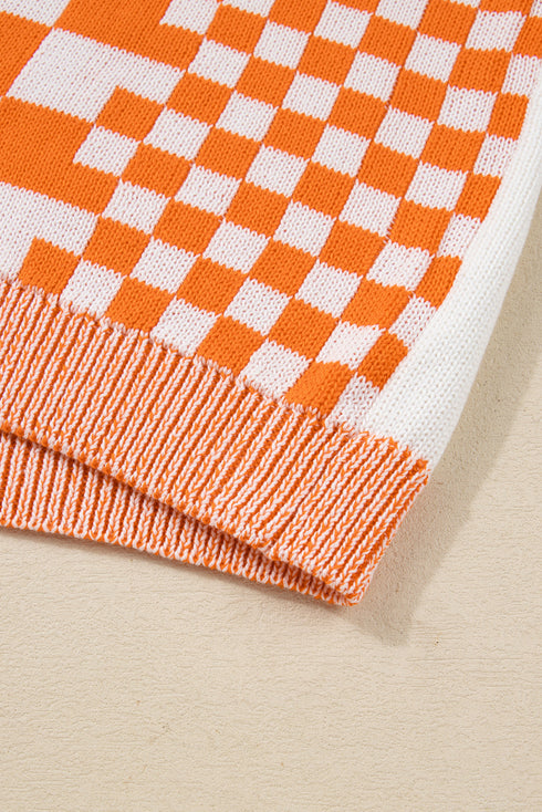 Checkered Knit Bubble Sleeve Drop Shoulder Open Cardigan