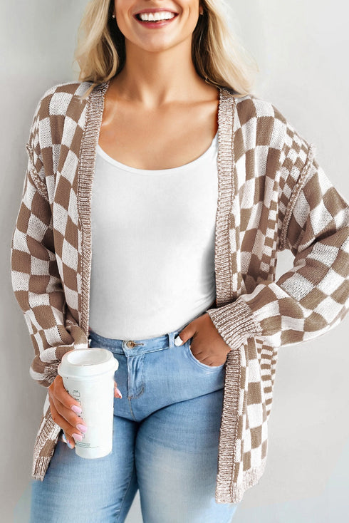 Checkered Knit Bubble Sleeve Drop Shoulder Open Cardigan