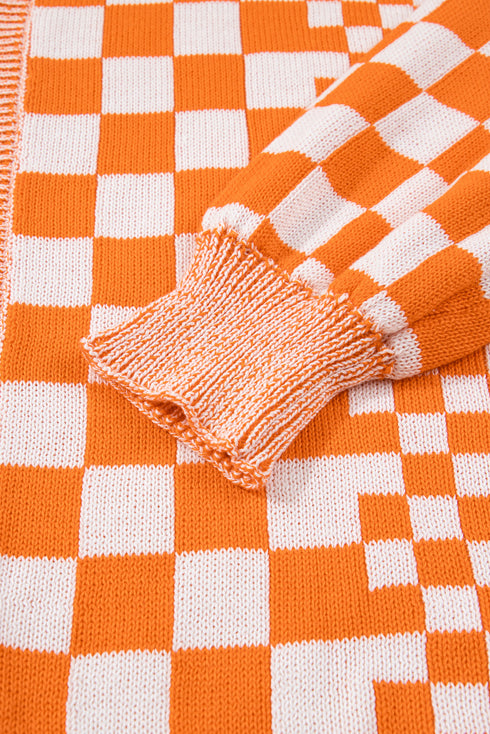 Checkered Knit Bubble Sleeve Drop Shoulder Open Cardigan