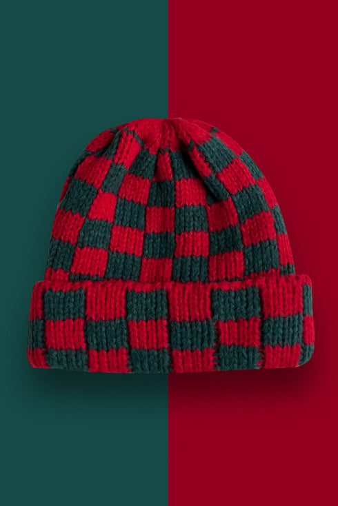 Checkered Knit Folded Cuff Soft Acrylic Beanie
