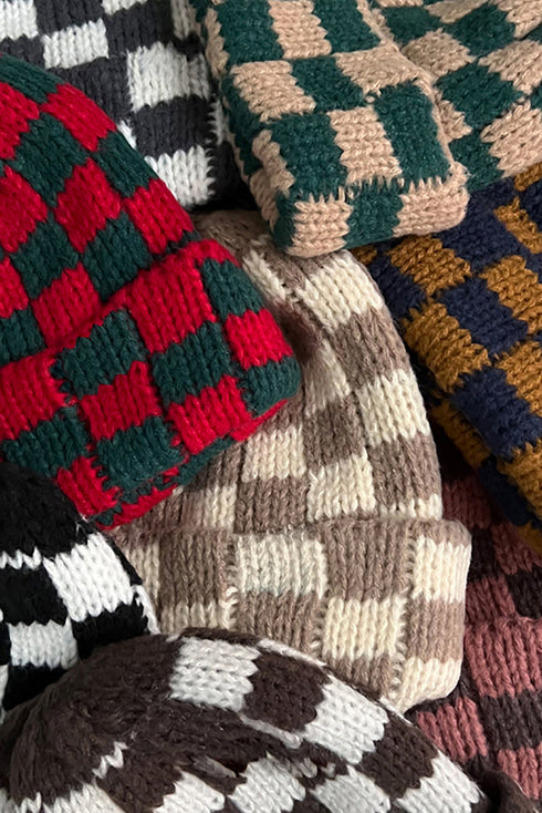 Checkered Knit Folded Cuff Soft Acrylic Beanie