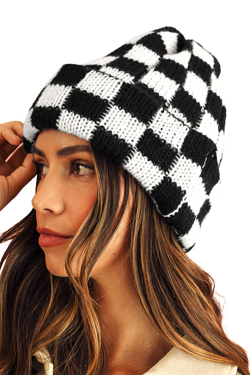 Checkered Knit Folded Cuff Soft Acrylic Beanie