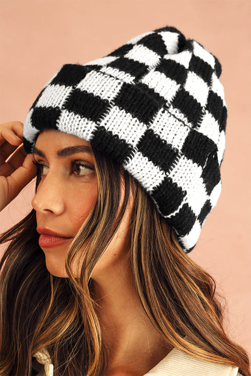 Checkered Knit Folded Cuff Soft Acrylic Beanie
