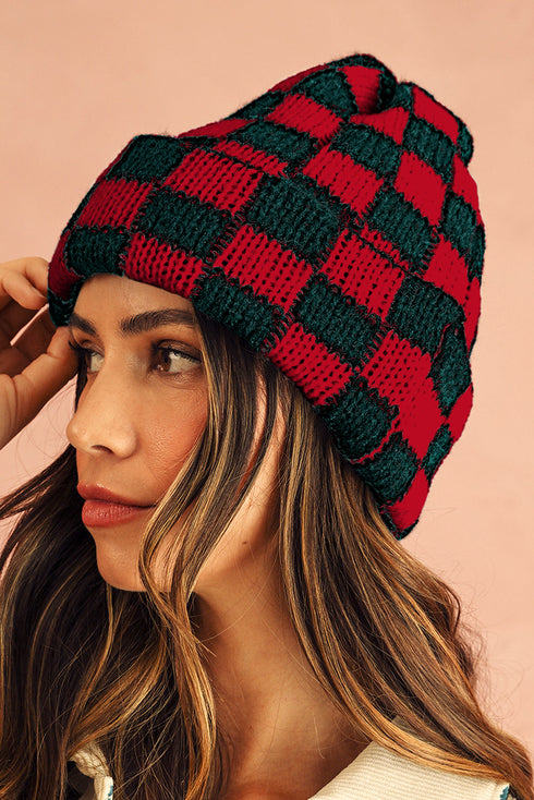 Checkered Knit Folded Cuff Soft Acrylic Beanie