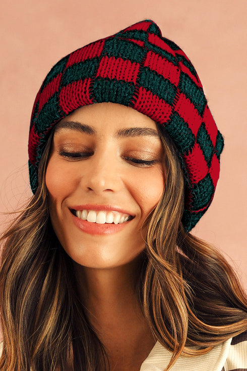 Checkered Knit Folded Cuff Soft Acrylic Beanie