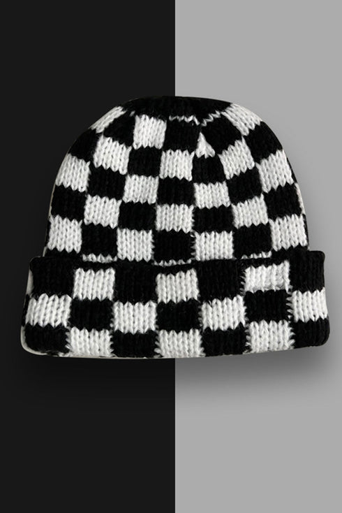 Checkered Knit Folded Cuff Soft Acrylic Beanie