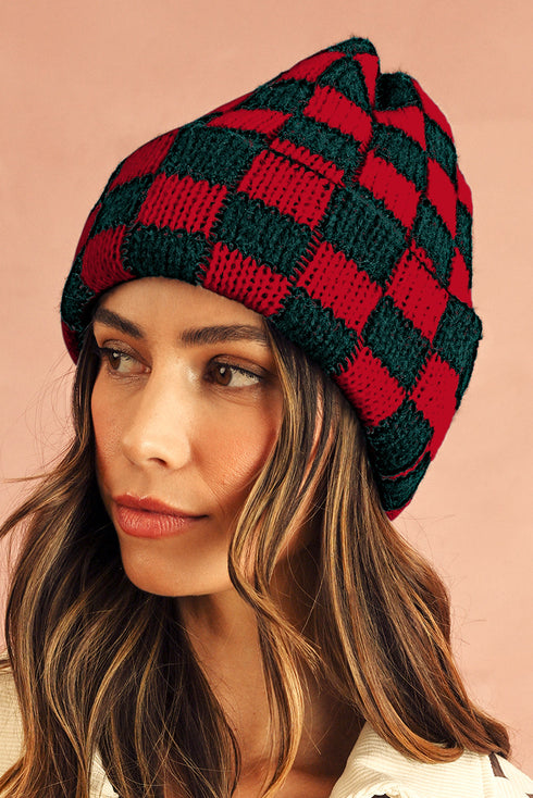 Checkered Knit Folded Cuff Soft Acrylic Beanie
