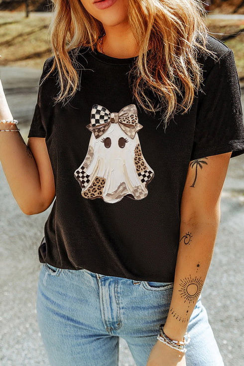 Checkered Leopard Ghost Print Round Neck Tee