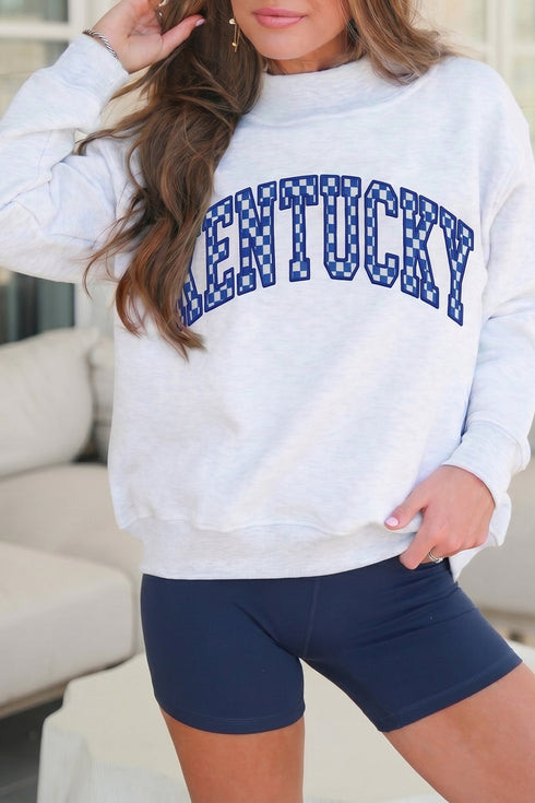 Checkered Letter Embroidered High Neck Applique Sweatshirt