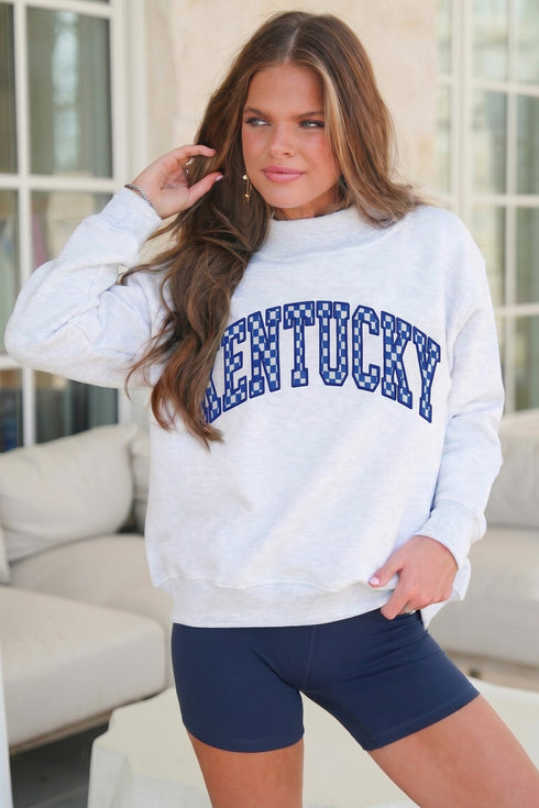 Checkered Letter Embroidered High Neck Applique Sweatshirt