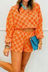 Checkered Long Sleeve Crop Top Short Set