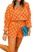 Checkered Long Sleeve Crop Top Short Set