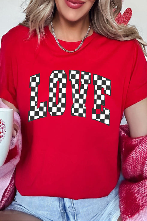 Checkered Love Graphic Short Sleeve Crew Neck Tee