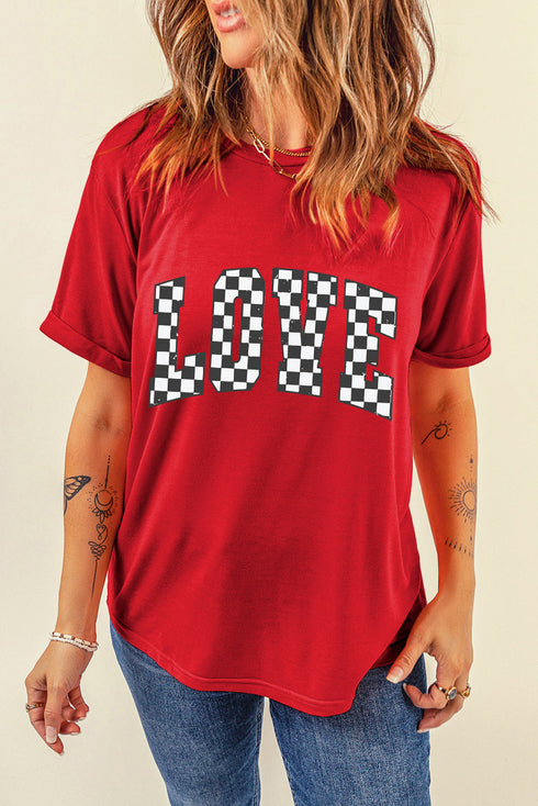 Checkered Love Graphic Short Sleeve Crew Neck Tee
