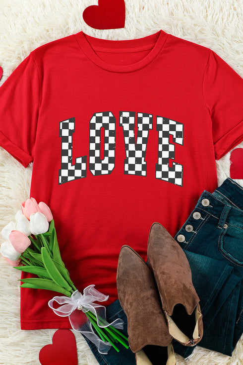 Checkered Love Graphic Short Sleeve Crew Neck Tee