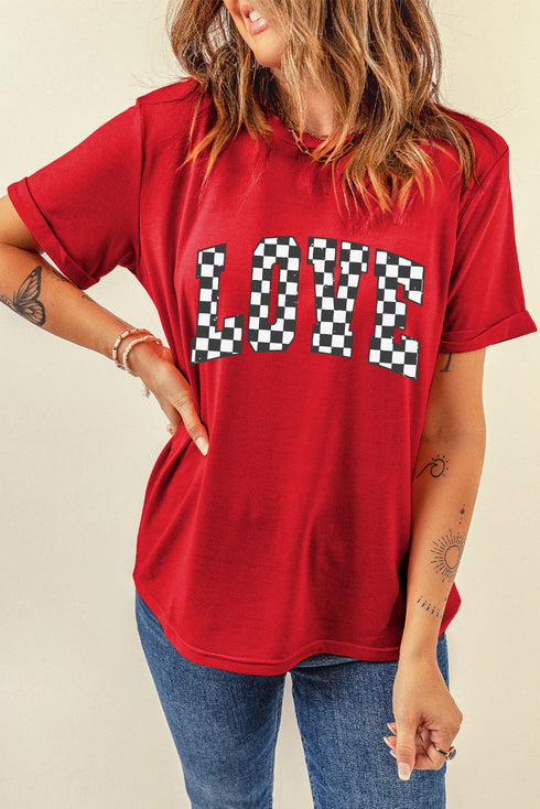 Checkered Love Graphic Short Sleeve Crew Neck Tee
