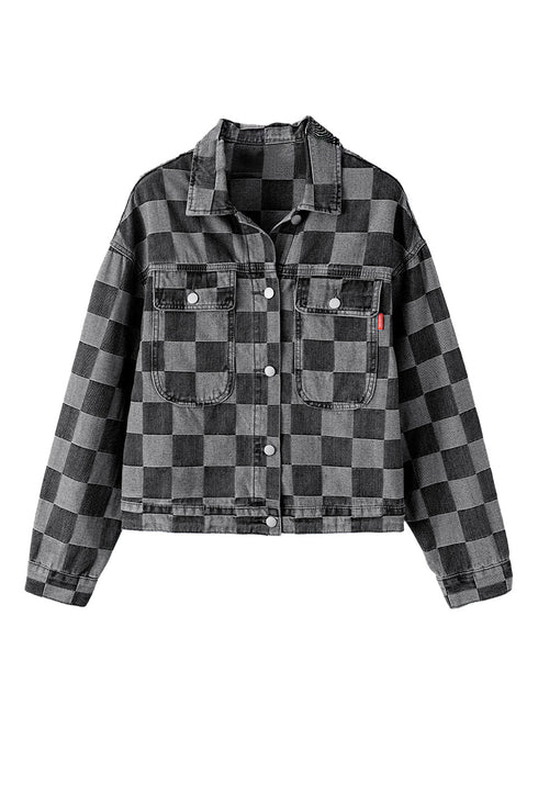 Checkered Patchwork Button up Denim Jacket