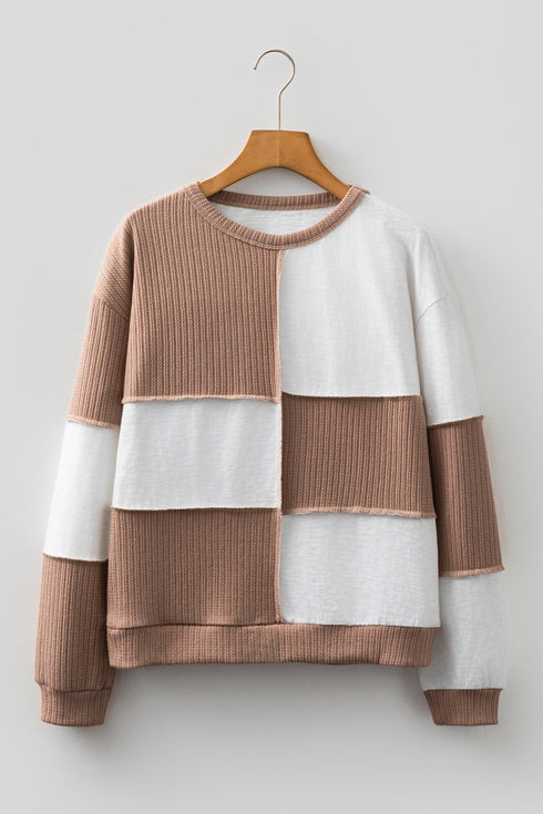 Checkered Patchwork Raw Seam Cotton Knit Sweater