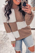 Checkered Patchwork Raw Seam Cotton Knit Sweater