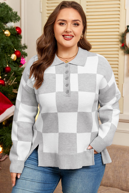 Checkered Pattern Button Polo Collar Split Hem Sweater