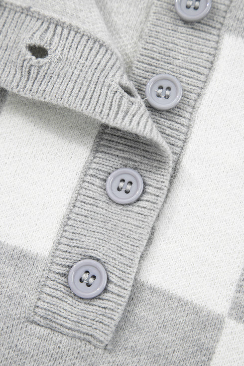 Checkered Pattern Button Polo Collar Split Hem Sweater