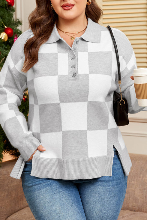 Checkered Pattern Button Polo Collar Split Hem Sweater