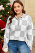 Checkered Pattern Button Polo Collar Split Hem Sweater