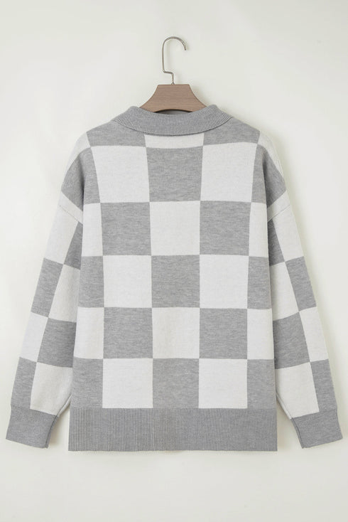 Checkered Pattern Button Polo Collar Split Hem Sweater