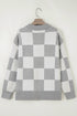 Checkered Pattern Button Polo Collar Split Hem Sweater