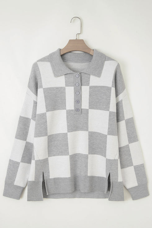 Checkered Pattern Button Polo Collar Split Hem Sweater