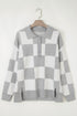 Checkered Pattern Button Polo Collar Split Hem Sweater