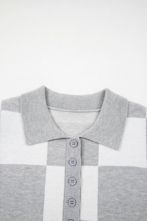 Checkered Pattern Button Polo Collar Split Hem Sweater