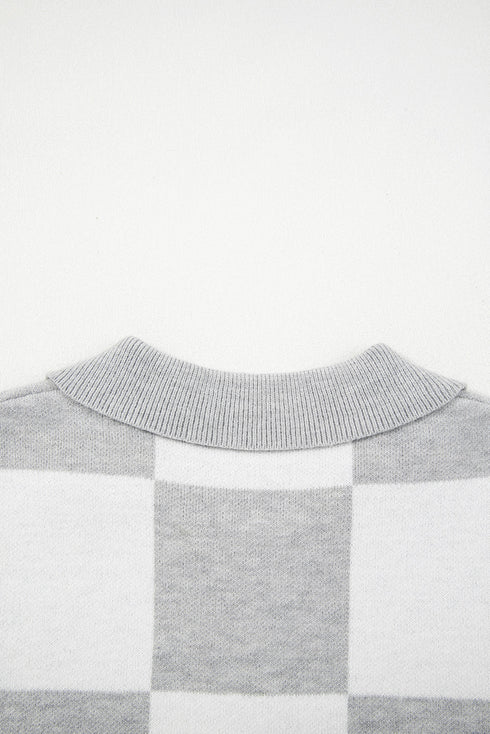 Checkered Pattern Button Polo Collar Split Hem Sweater