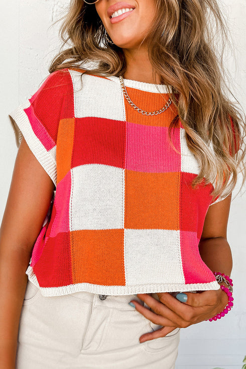 Checkered Pattern Cap Sleeve Crew Neck Knit Top