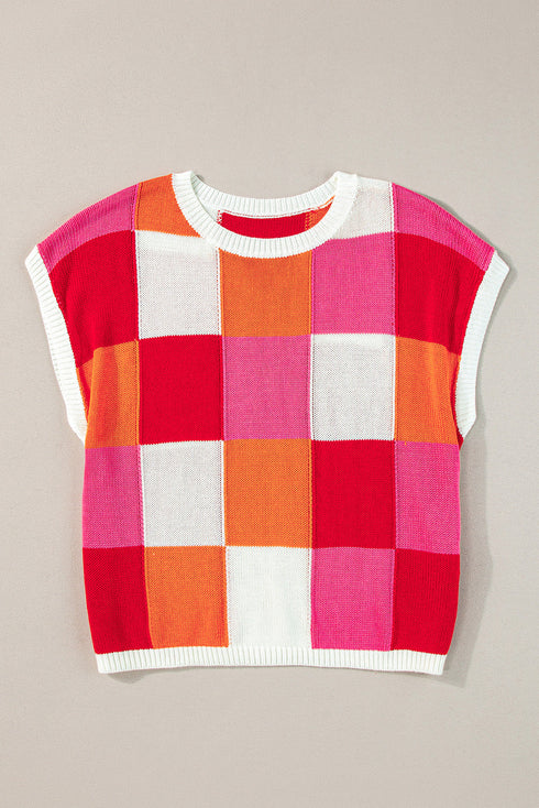 Checkered Pattern Cap Sleeve Crew Neck Knit Top